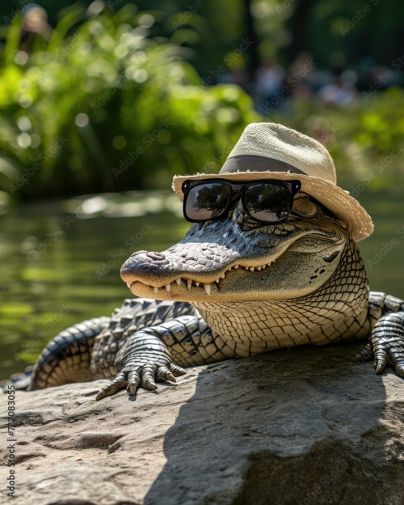 Wall mural A crocodile wearing a hat and sunglasses. Generative AI.