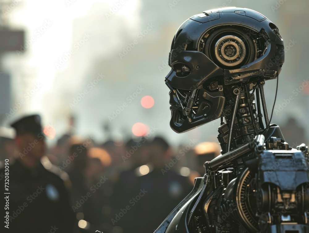 Aufkleber a robot standing in front of a crowd. generative ai.
