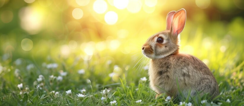 Cute rabbit animal sitting on meadow blur natural background. AI generated image