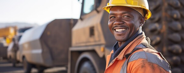 A smiling African man miner stands next to a large haul truck in his safety gear, arms folded.