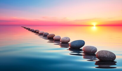 The row of stones in a calm ocean during sunset. Ideal for conveying the concepts of wellness and relaxation.