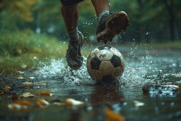 A passionate player braves the rain as they kick their soccer ball through a watery field, determined to score despite the wet conditions