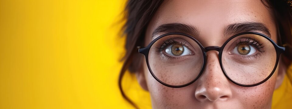 Close-up of young woman's brown eyes behind glasses