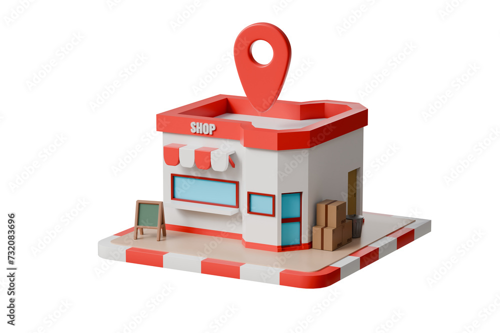 Poster 3d minimal cartoon red shop store building with pin location and cardboard boxes icon symbol. 3d ren