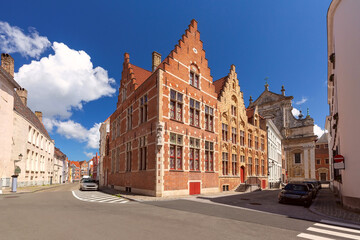 Panorama of Bruges street with beautiful medieval houses, Belgium