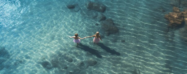 Aerial view of mother and daughter swimming together.