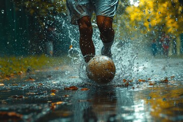 A determined person braves the rain and kicks their football into a puddle, creating a satisfying splash in the midst of a wet outdoor fountain - obrazy, fototapety, plakaty