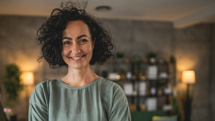 Mature caucasian woman wear white shirt happy smile portrait close up