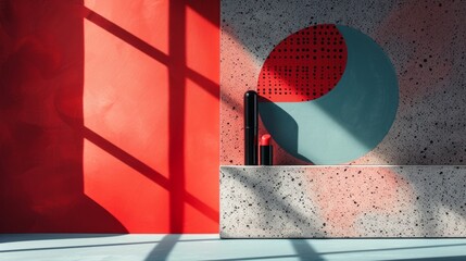 Simple yet striking composition featuring minimalist abstract patterns complementing decorative cosmetics