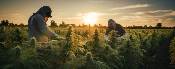 Professional researchers conducting research on a cannabis plantation. - obrazy, fototapety, plakaty