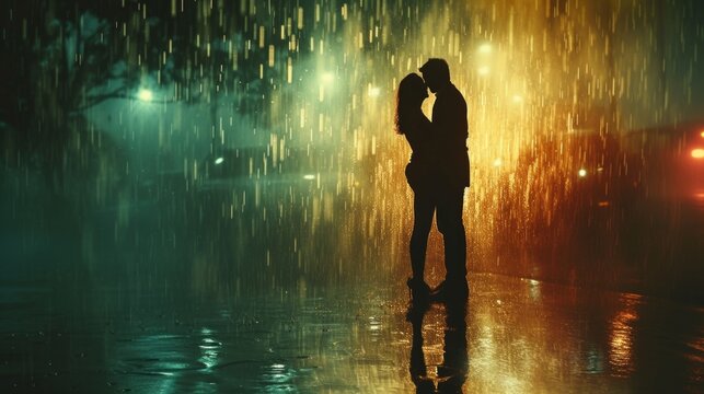 Artistic depiction of romance as a couple shares a romantic moment in the midst of rainfall