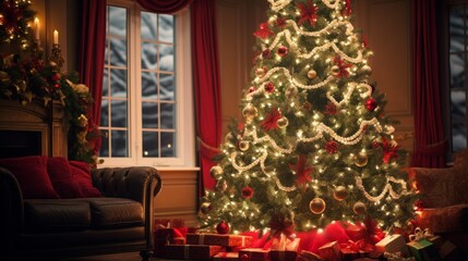 Fototapeta na wymiar Christmas tree adorned with decorations and light flare, illuminated beautifully.