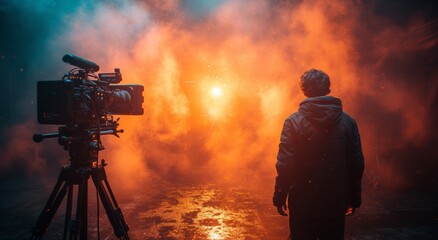 A man stands confidently in front of a camera on the outdoor ground, his clothing slightly disheveled as he adjusts the tripod while the fire behind him adds a touch of warmth and intensity to the sc