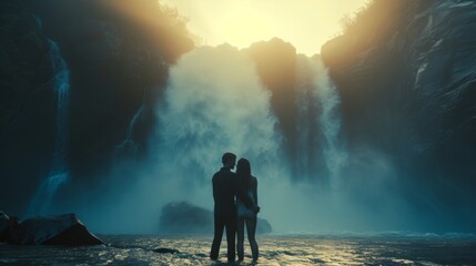 Clean and minimalist image portraying the bond between lovers amidst the natural splendor of a waterfall