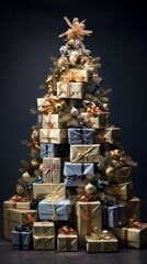 A Christmas tree formed by gift boxes.