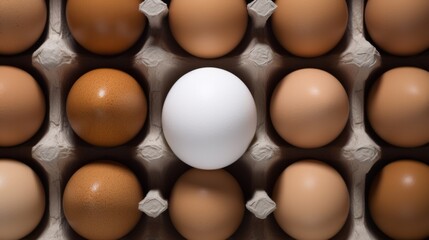 A white egg stands out in a brown egg carton.