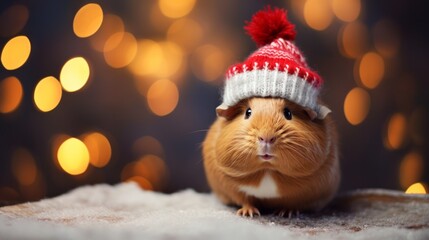 A charming guinea pig dons a knitted hat against a Christmas backdrop.