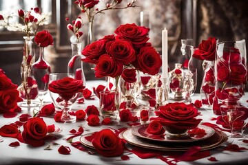 Fototapeta na wymiar A Table of Enchanting Elegance, Adorned with a Background Set of Red Rose Flowers, Their Velvety Petals Gleaming like Precious Jewels in the Gentle Illumination of Flickering Candlelights, Inviting Y