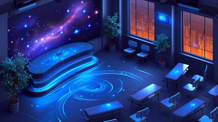 Workspace with modern screens enabling worldwide virtual meetings, metaverse engagement