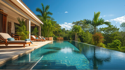 Outside of a luxury villa with a infinite swimming pool with beautiful greenery