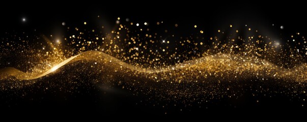 Fototapeta na wymiar Gold glitter powder sparkles brightly against a black background.