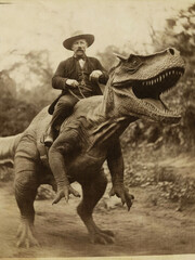 quirky vintage print of cowboy riding a dinosaur, black and white photography, sepia print, funny art, dinosaur print, animal print, antique