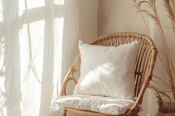 Fototapeta na wymiar Rattan chair with white cushion in bohemian style living room. Generative AI