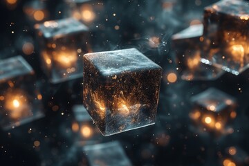 A gathering of illuminated cubes enveloped in wispy tendrils of smoke, evoking a mysterious and ethereal ambiance - obrazy, fototapety, plakaty