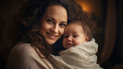 Joyful and beautiful mother cradles her baby lovingly in her arms.