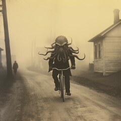 quirky vintage print of chtulhu riding a bicycle, black and white photography, sepia print, funny art, chtulhu print, monster print, antique