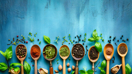 Variety of spices and herbs on a rustic wooden table, essential for cooking and seasoning