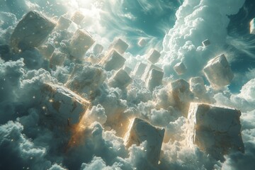 A mesmerizing display of floating white cubes amidst a sea of aqua and turquoise, evoking a serene underwater world - obrazy, fototapety, plakaty