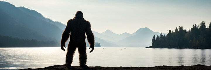 Bigfoot's silhouette at the edge of the lake - obrazy, fototapety, plakaty