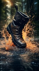 While hiking in wet weather, a trekking boot strikes a puddle, causing a splash of water.