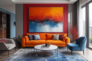 An inviting living room filled with warm tones and modern furniture, including an orange couch and blue chair, set against a red accent wall and a large painting, creating a cozy and stylish space pe