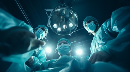 From a low angle, four surgeons coordinate their procedures in the operating room, demonstrating...