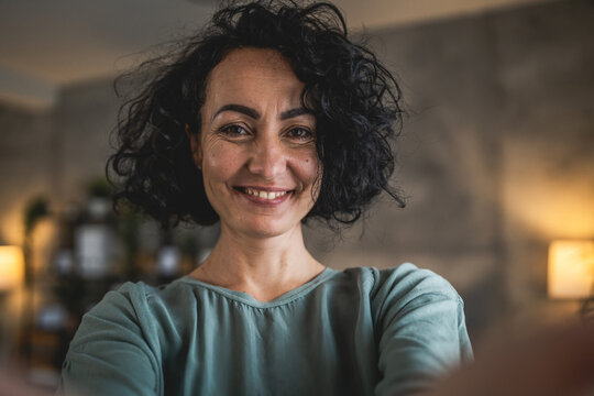 Mature Caucasian Woman Wear White Shirt Happy Smile Portrait Close Up