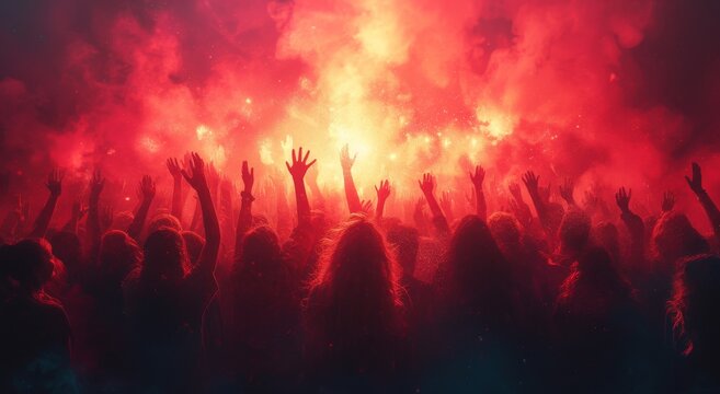 A mesmerizing display of jubilation and danger, as a group of people surrender to the intense heat and dazzling bursts of color from the outdoor fireworks show, surrounded by swirling smoke and a bri