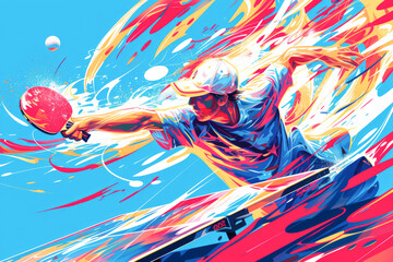 Obraz na płótnie Canvas Tabel Tennis player in action on the table over blue, white and red background. Paris 2024. Sport illustration.