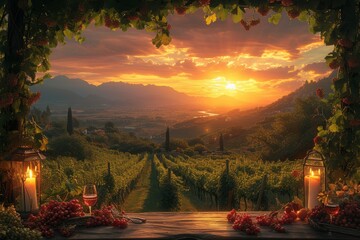 A peaceful evening in nature, the afterglow of a sunset illuminating a vineyard with a stunning mountain backdrop, where wine glasses and grapes sit on a table under a sky painted with clouds and the