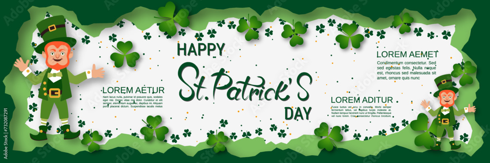 Poster st.patrick's day vector banner template. white-green background with clover leaves and design elemen