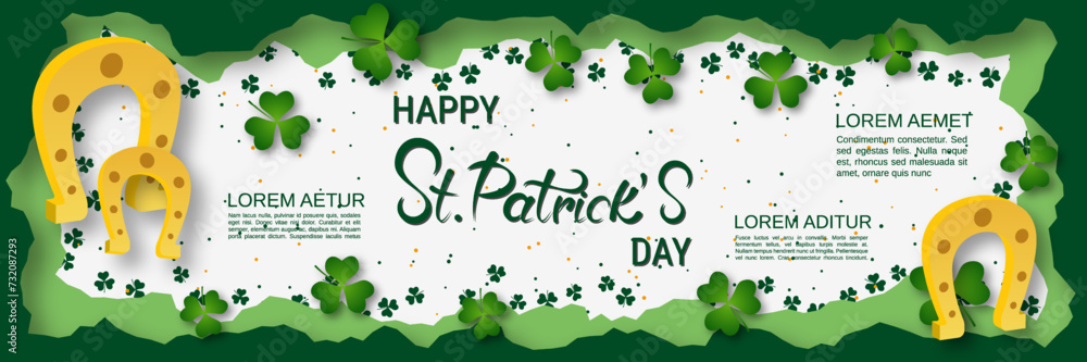 Poster st.patrick's day vector banner template. white-green background with clover leaves and design elemen