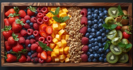 An eclectic assortment of nutrient-rich superfoods, including vibrant berries and seedless oranges, displayed in a rustic wooden box, promoting a healthy and sustainable diet