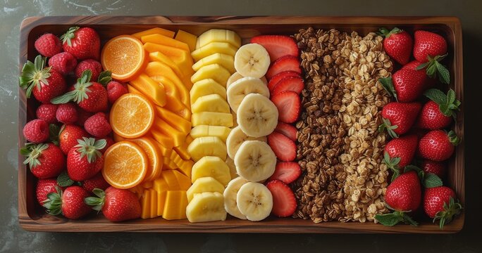 A colorful and healthy tray of superfoods, including strawberries and oranges, showcases the beauty and diversity of natural produce in a convenient and visually appealing prepackaged meal