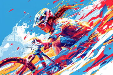 Mountain bikers in action on the descent against a blue, white and red background. Paris 2024. Sports illustration.