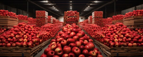 Apples, prepped for shipment, are kept in a refrigerated storage facility. - obrazy, fototapety, plakaty