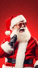 Santa Claus enjoys karaoke, singing into a microphone against a red backdrop, leaving room for text.