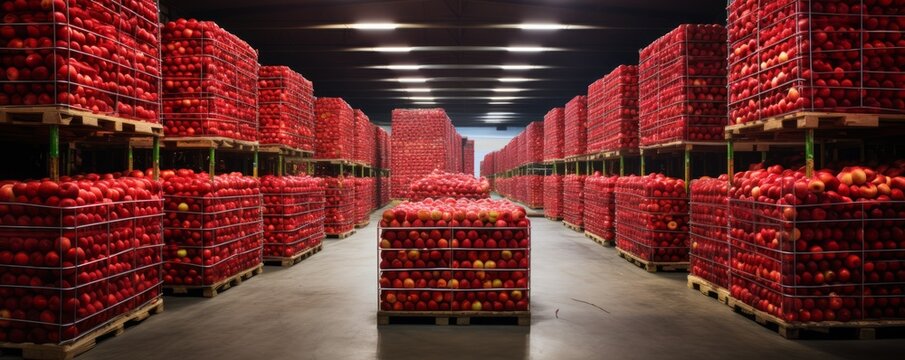 Apples, prepped for shipment, are kept in a refrigerated storage facility.