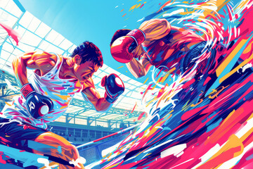 Boxer in action in the ring against a blue, white and red background. Paris 2024. Sports illustration.