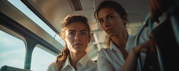 Two confident and beautiful women stand on a bus, holding onto the ceiling-mounted handles for support.